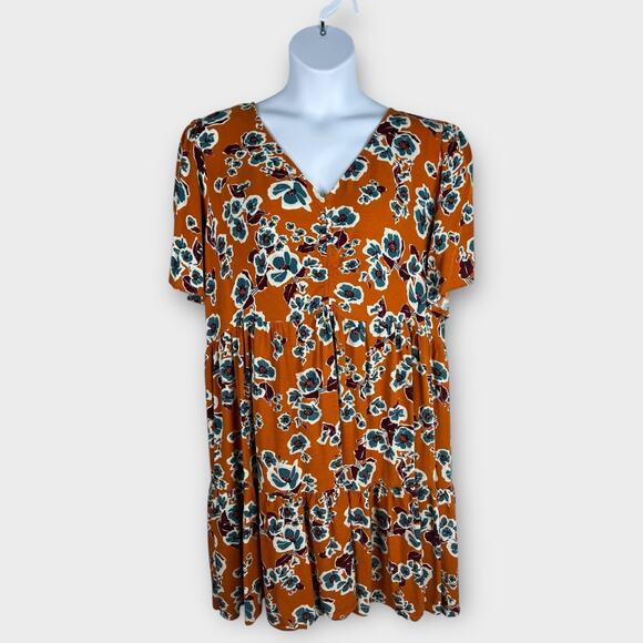 AVA & VIV orange blue floral short sleeve tiered knee length midi dress 2X Rayon - Picture 1 of 6